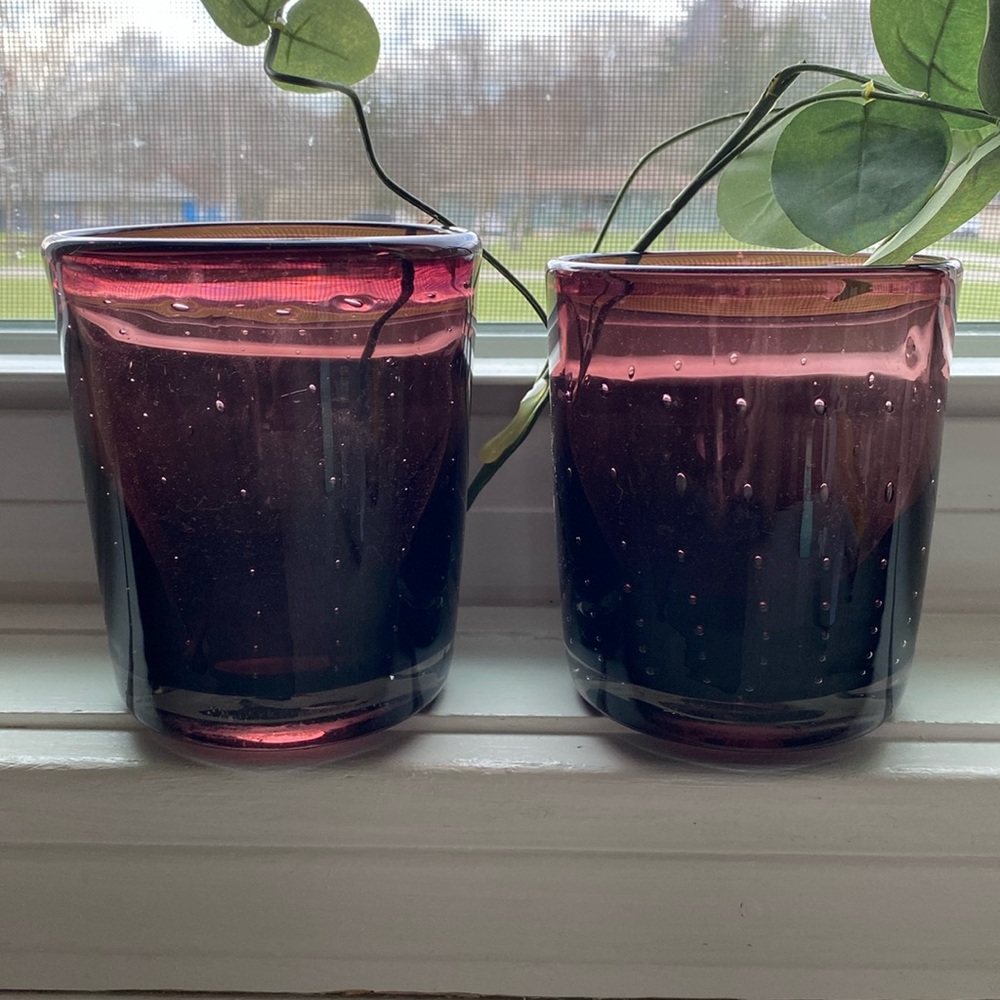 Set of 2 Purple AMETHYST Hand Blown Seed Bubble Glass Tumblers